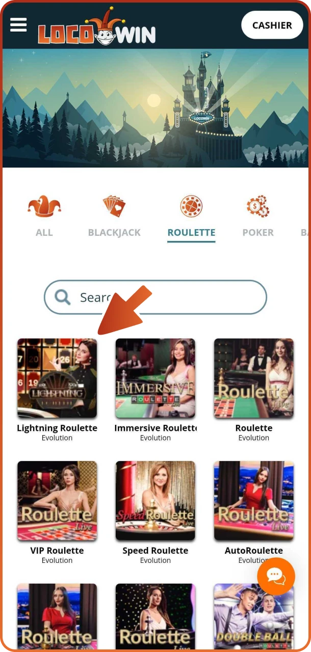 Klicka på de spel du gillar i Locowins livespelsektion.
