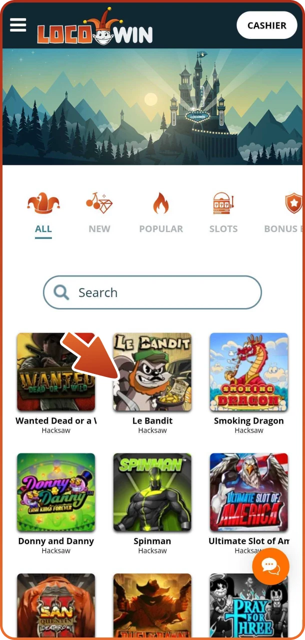 Sök efter ett slotspel du vill spela på Locowin casino.
