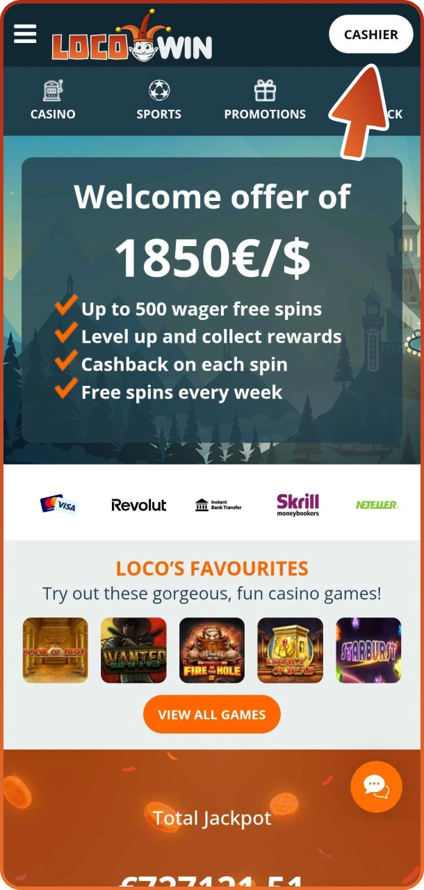 Click on cashier button to withdraw winnings at Locowin.